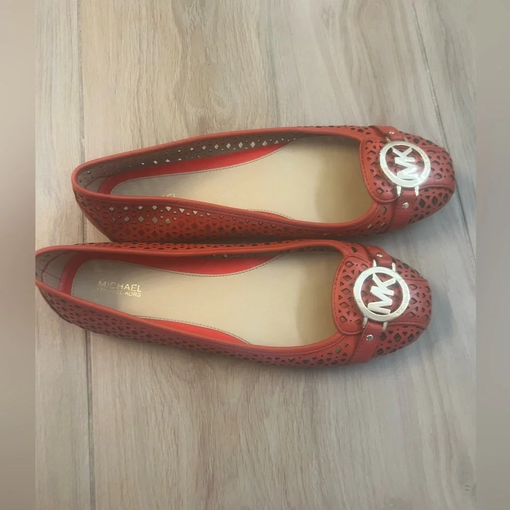 Michael Kors Coral-Red Perforated Leather Ballet Flats with Gold MK Emblem - Picture 2 of 3